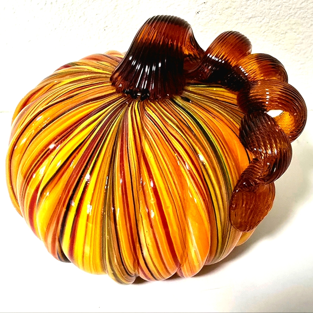 Glitzhome Hand Blown Rainbow Striped Pumpkin